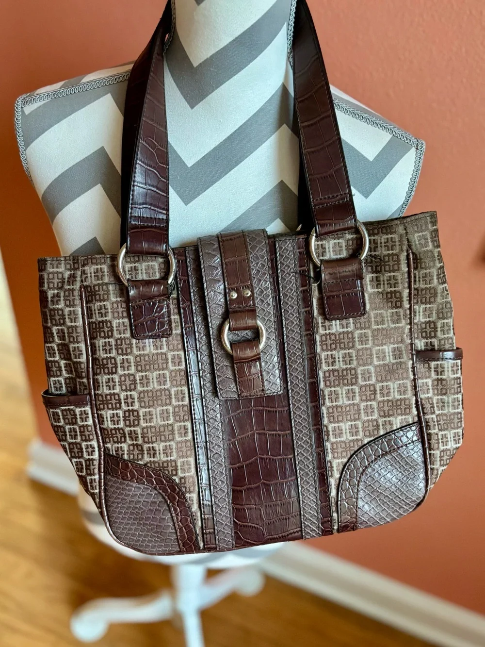 Worthington Brown Patterned Shoulder Tote with Croc-Trim